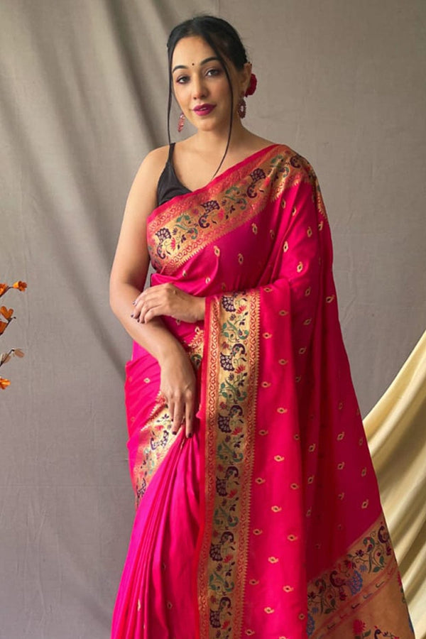 Traditional Rani Pink Paithani Weaved Zari Silk Saree SARV159819