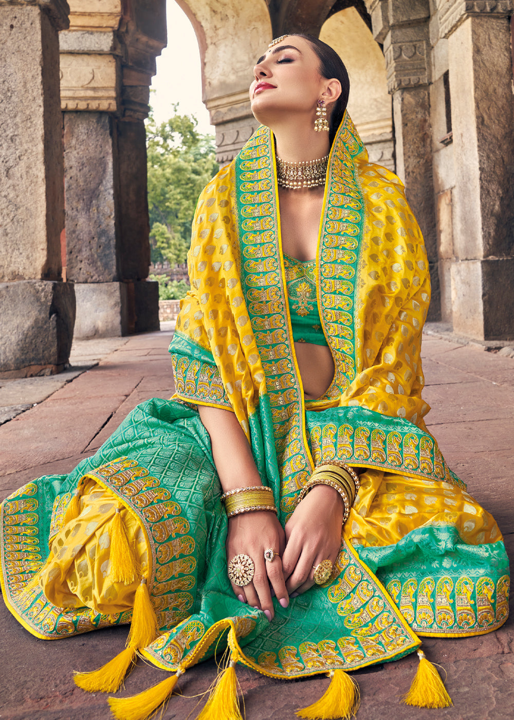 Buy MySilkLove Mustard Yellow and Green Zari Woven Designer Banarasi Saree Online