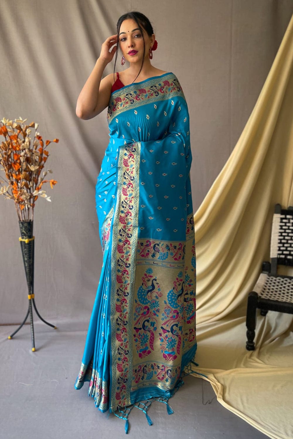 Buy MySilkLove Astral Blue Zari Woven Paithani Saree Online