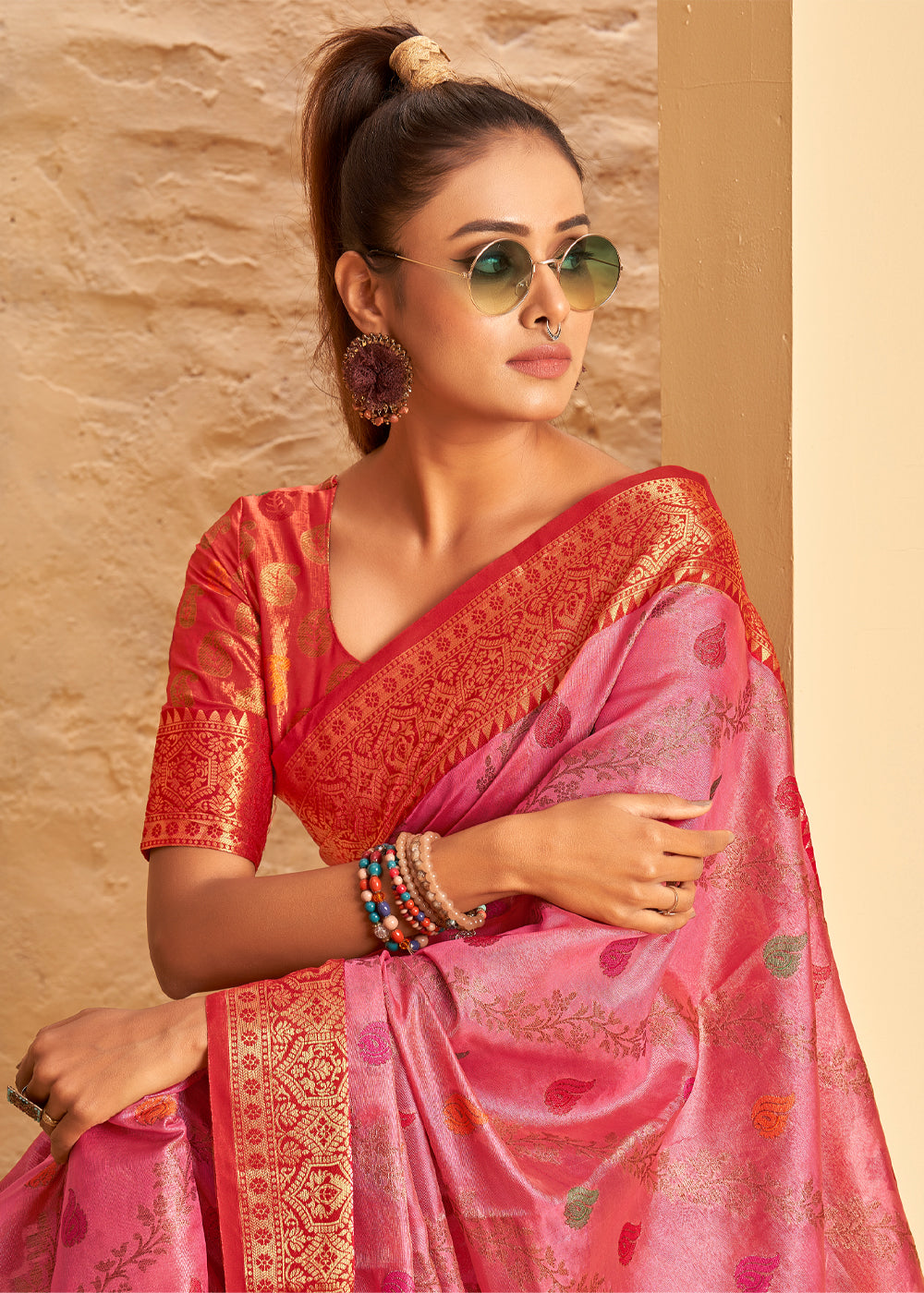 Buy MySilkLove Sundown Pink Woven Banarasi Brocade Silk Saree Online