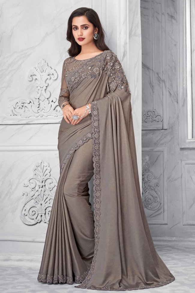 Buy Traditional Wear Grey Multi Thread Work Moss Chiffon Saree Online From  Surat Wholesale Shop.