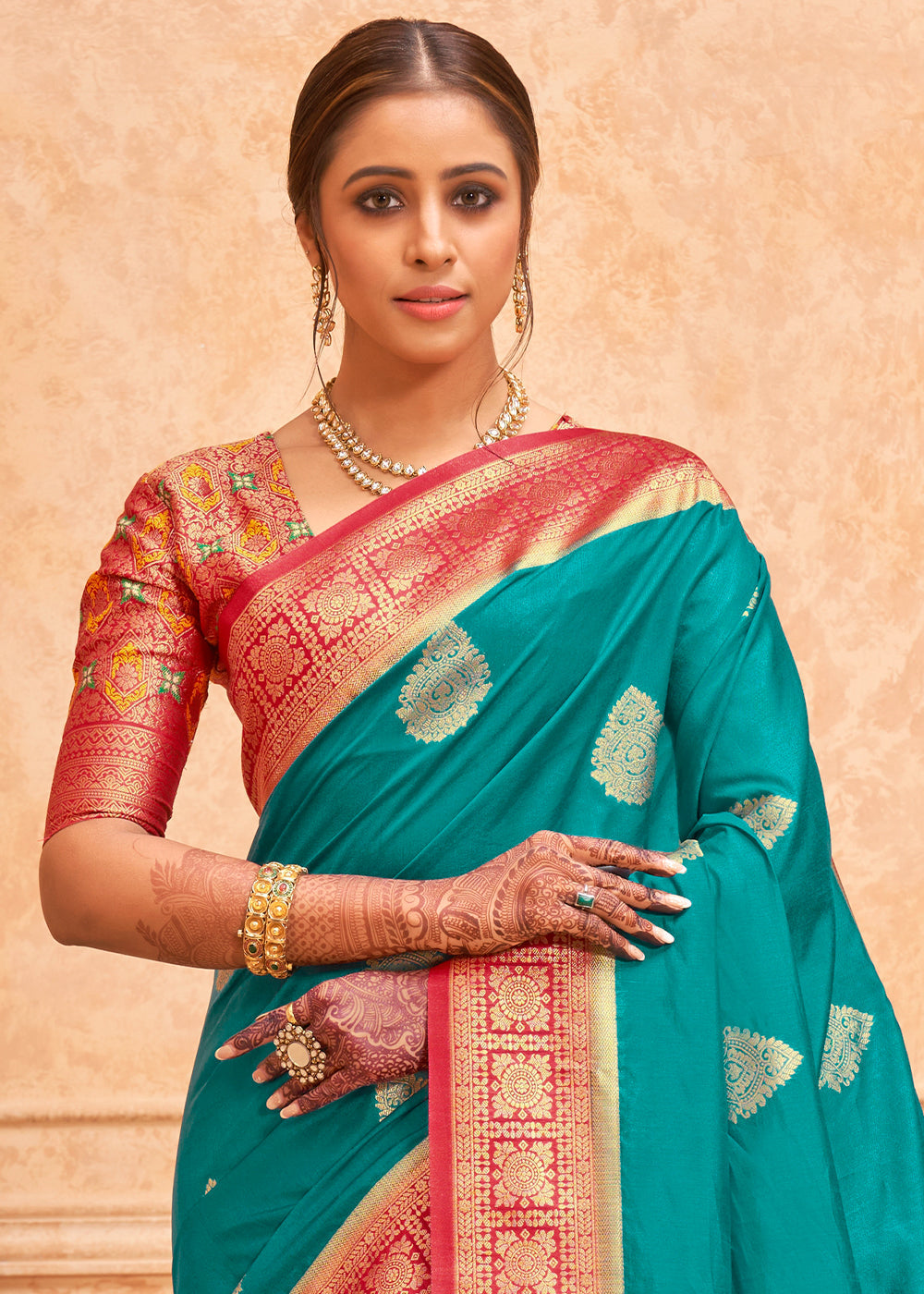 Buy MySilkLove Atoll Blue and Red Zari Woven Banarasi Silk Saree Online