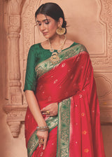 Rusty Red and Green Banarasi Satin Silk Saree