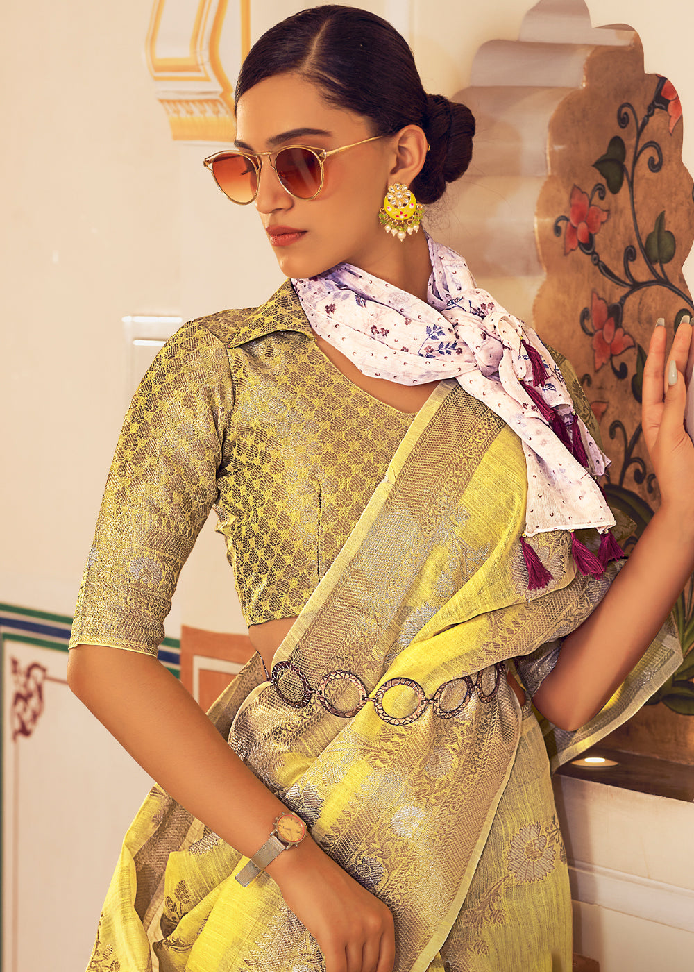 Buy MySilkLove Tacha Yellow Zari Woven Linen Silk Saree Online