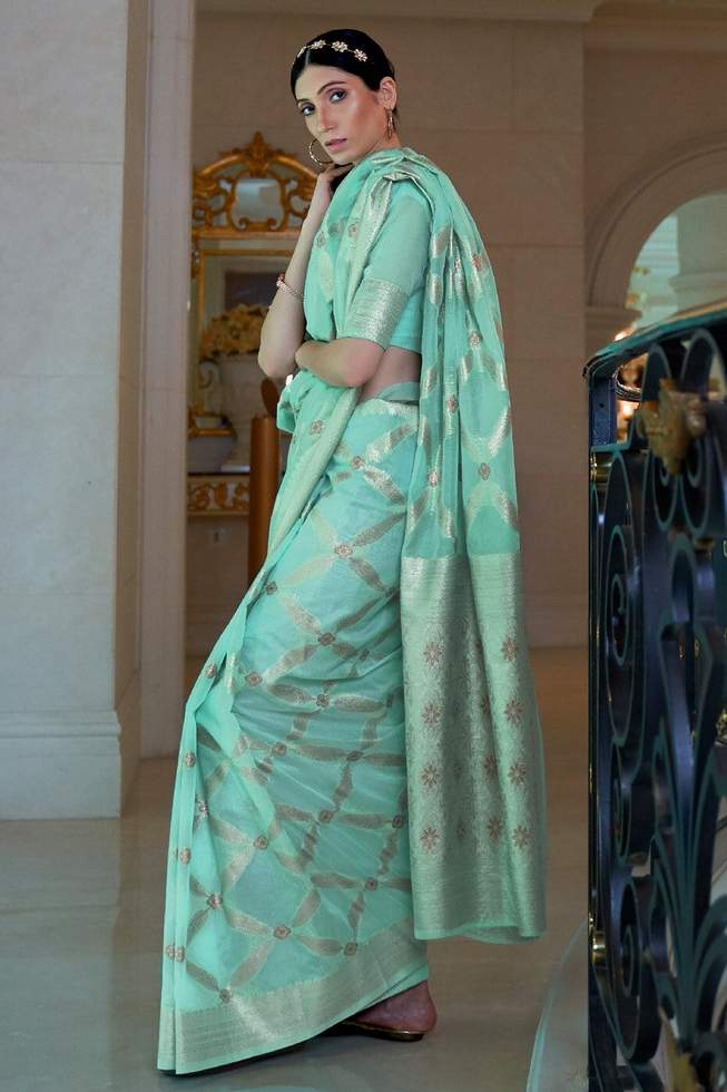 Buy MySilkLove Shadow Green Chanderi Banarasi silk Saree Online
