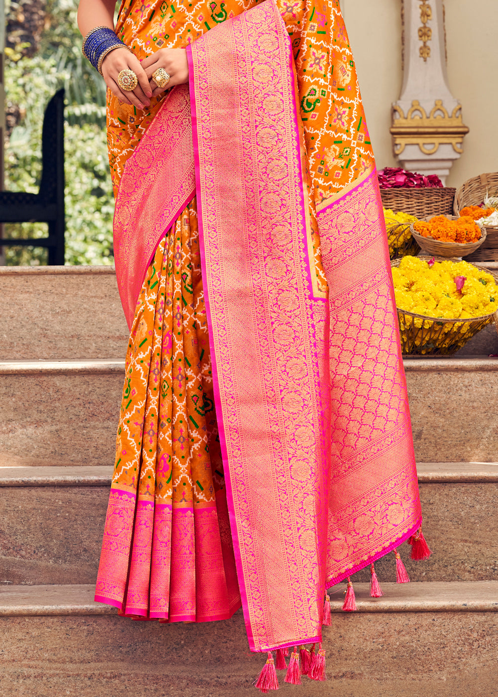 Buy MySilkLove Neon Carrot Orange Woven Banarasi Patola Silk Saree Online