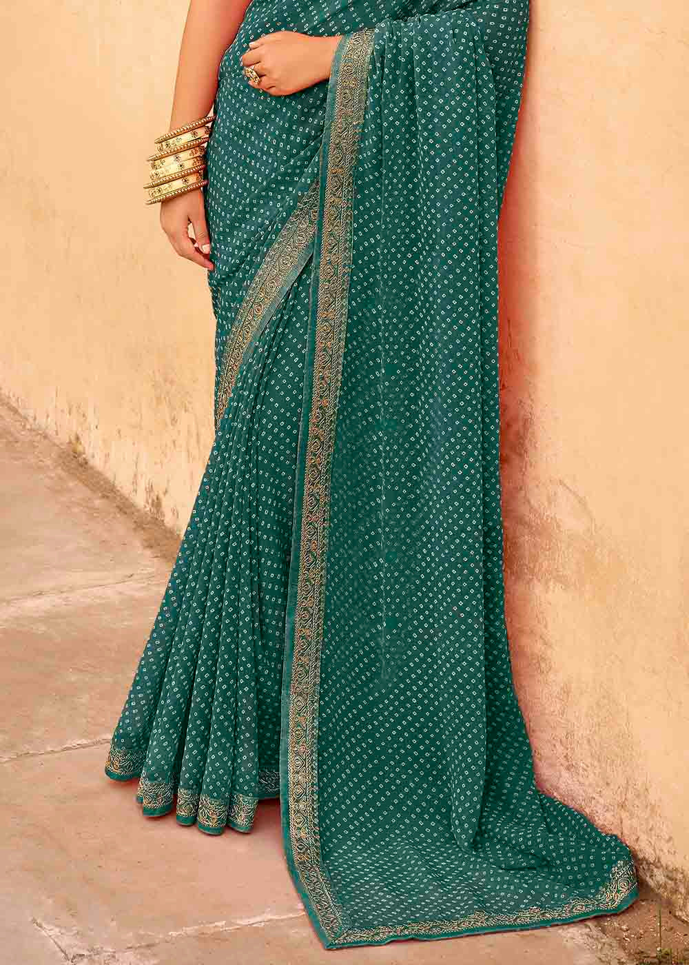 Buy MySilkLove William Green Georgette Leheriya Printed Saree with Embroidered Blouse Online