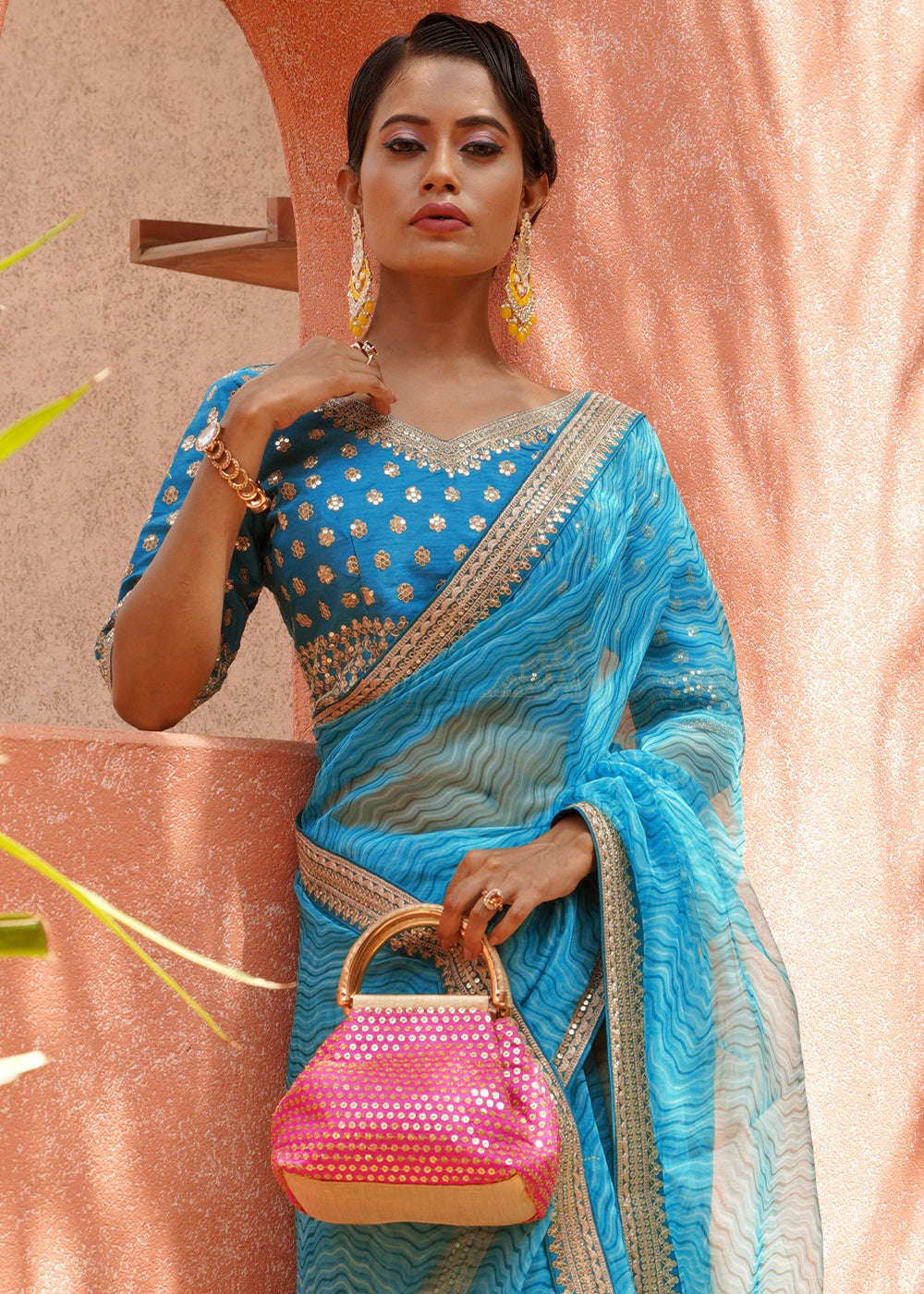 Buy MySilkLove Hippie Blue Lehriya Organza Saree With Embroidered Blouse Online