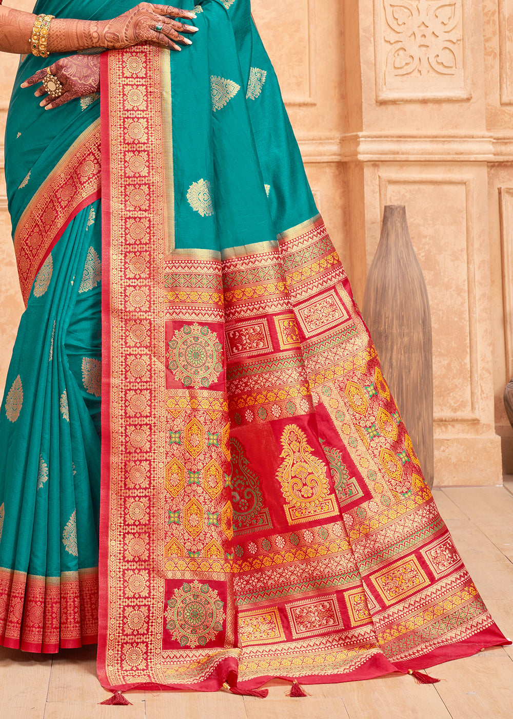 Buy MySilkLove Atoll Blue and Red Zari Woven Banarasi Silk Saree Online