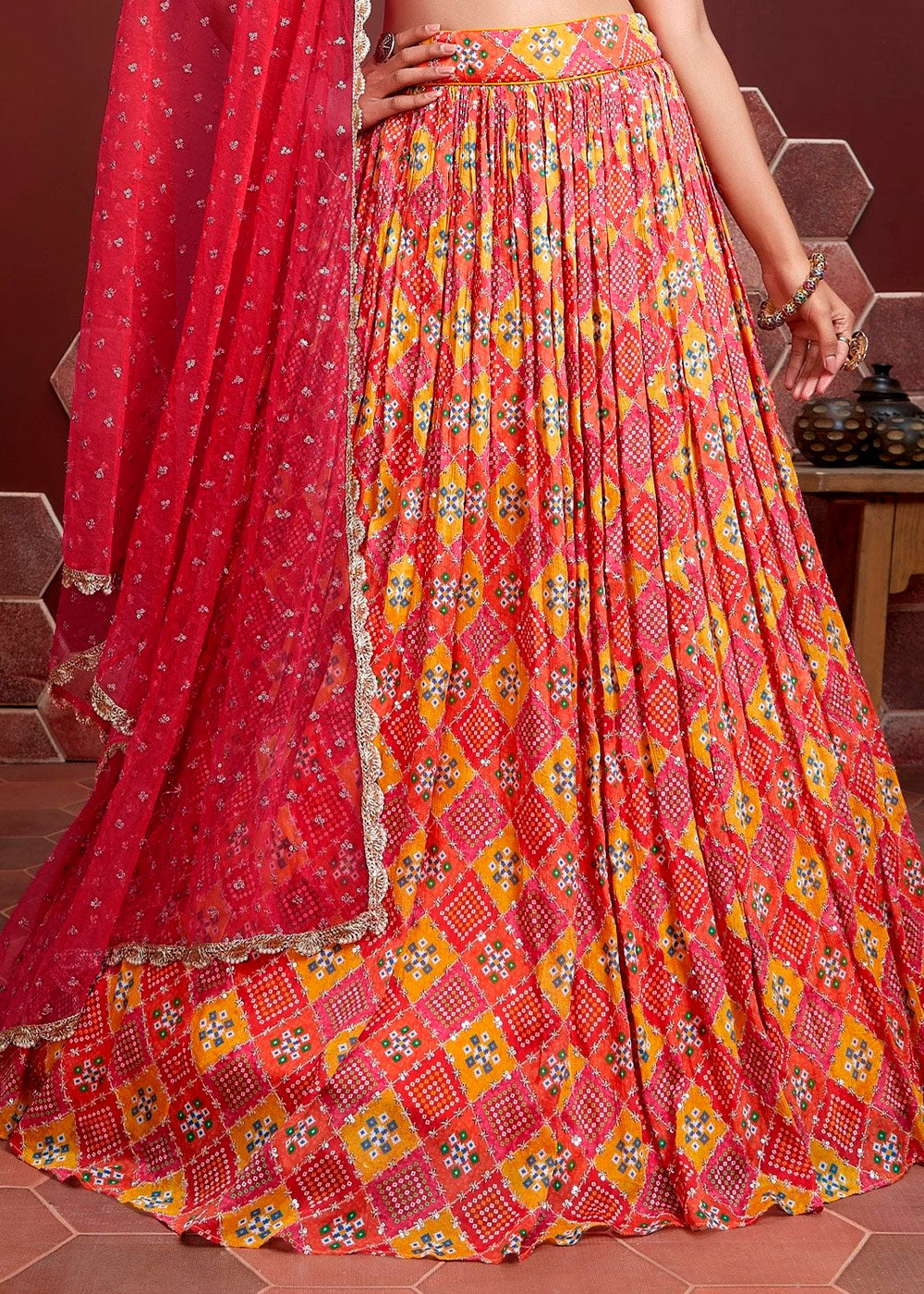 Buy MySilkLove Mojo Red and Orange Bandhani Printed Chinon Silk Lehenga Choli Online