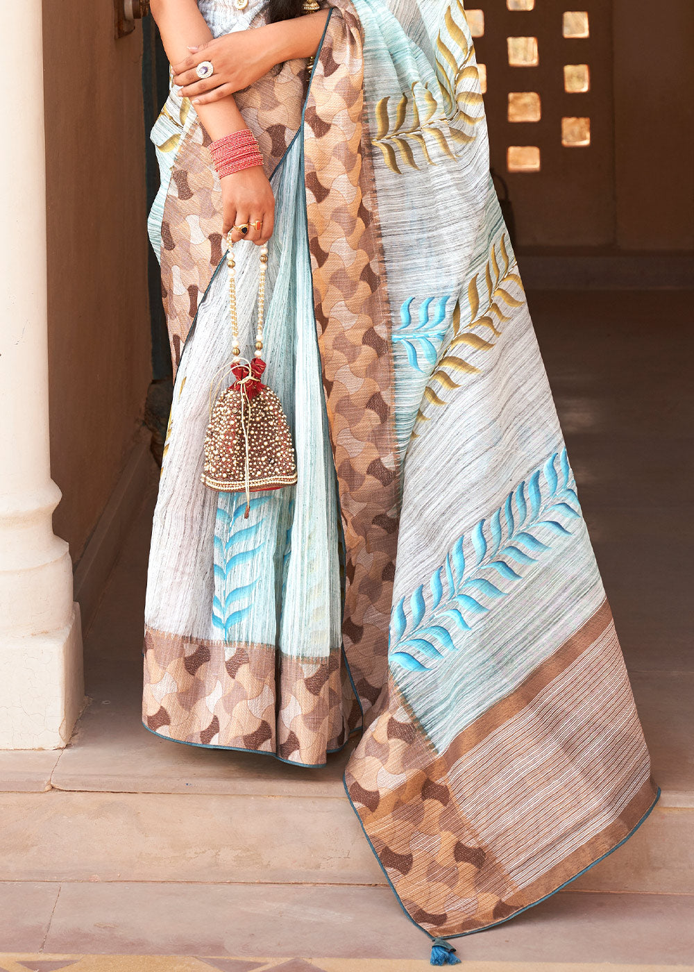 Buy MySilkLove Geyser Blue Printed Kora Silk Saree Online