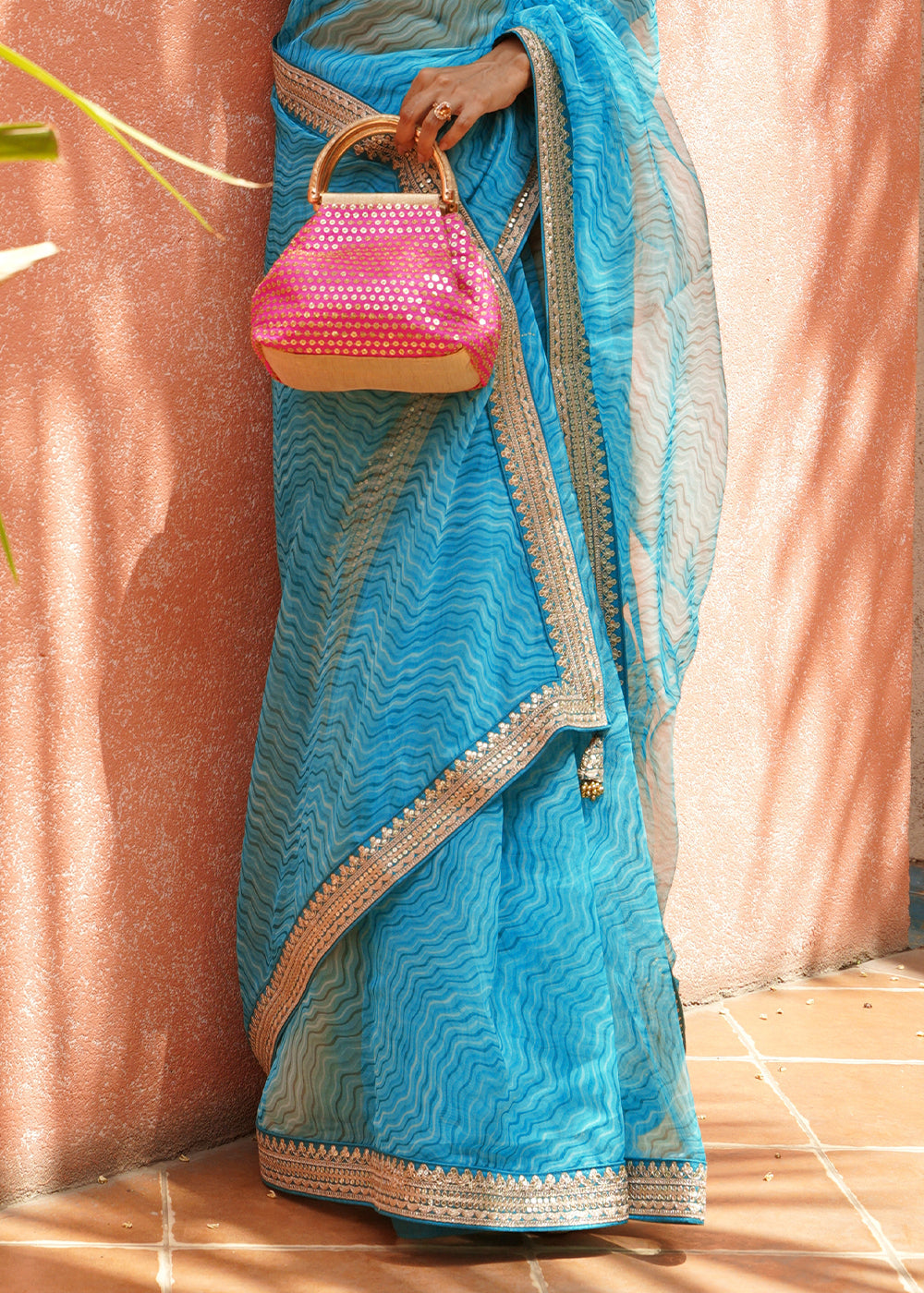 Buy MySilkLove Hippie Blue Lehriya Organza Saree With Embroidered Blouse Online