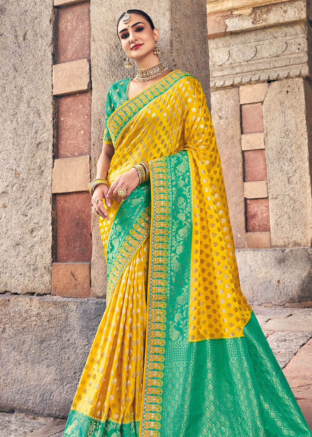 Buy MySilkLove Mustard Yellow and Green Zari Woven Designer Banarasi Saree Online