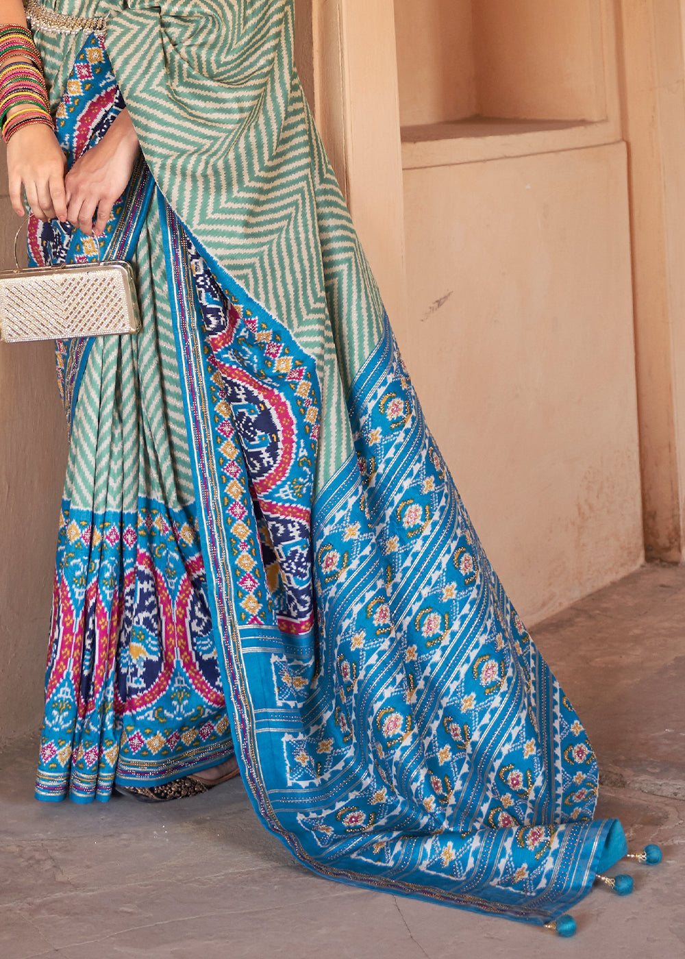 Buy MySilkLove Steel Blue and Green Printed Patola Silk Saree Online