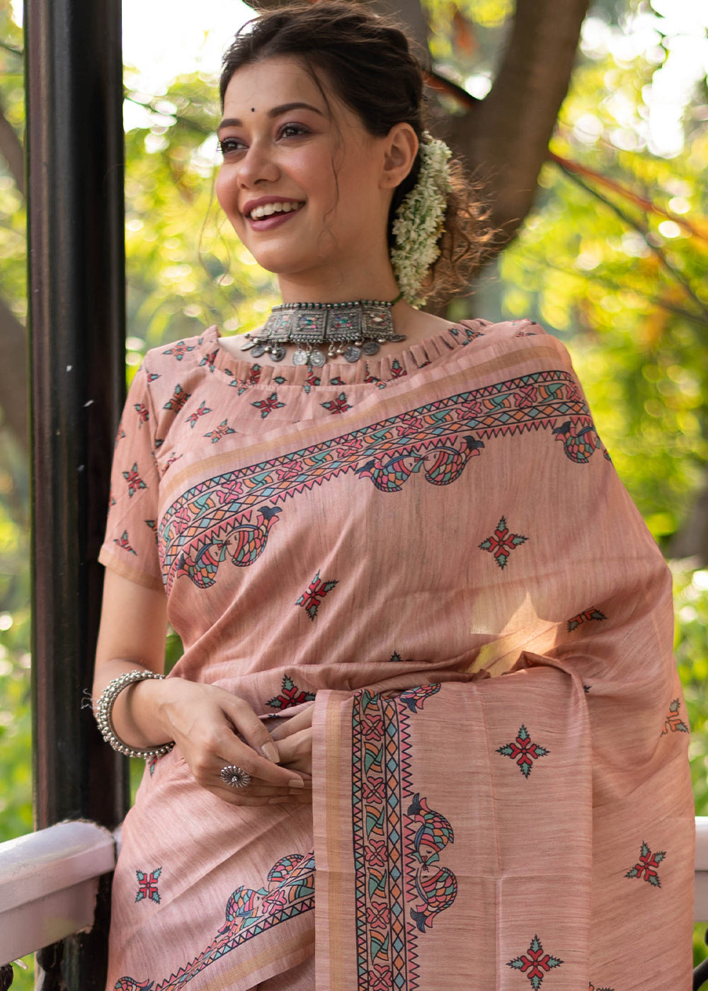 Buy MySilkLove Mandys Pink Kalamkari Printed Silk Saree Online