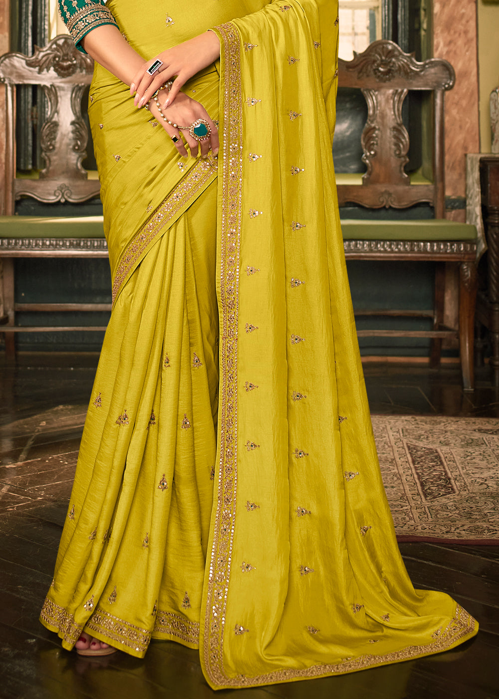 Buy MySilkLove Pear Yellow Designer Embroidered Silk Saree Online