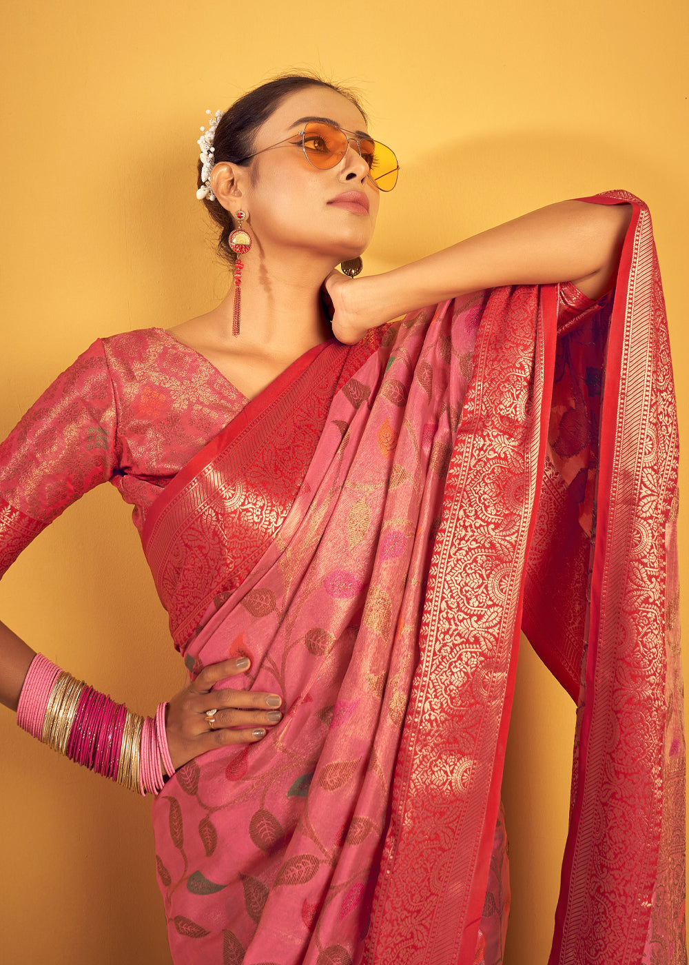 Buy MySilkLove Geraldine Pink Woven Banarasi Brocade Silk Saree Online