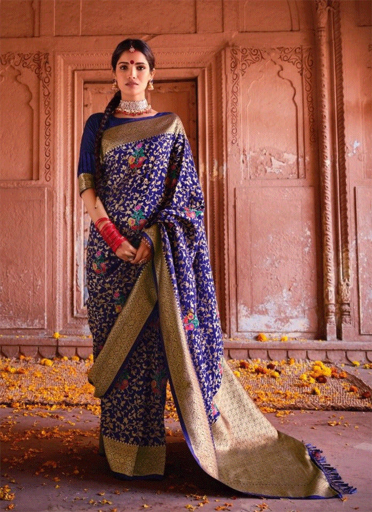 Buy MySilkLove Jacarta Blue Zari Woven Banarasi Soft Silk Saree Online