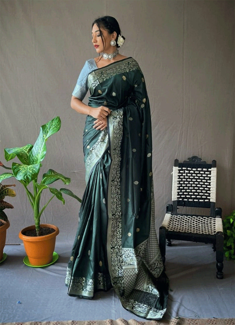 Buy MySilkLove Bunker Green Zari Woven Banarasi Silk Saree Online