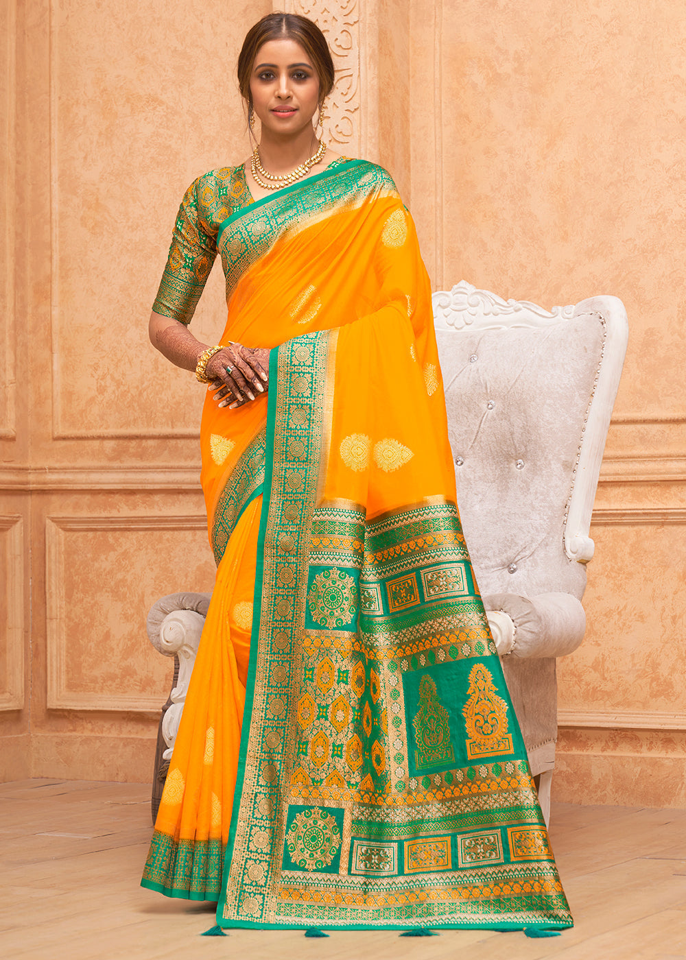 Buy MySilkLove Web Orange and Green Zari Woven Banarasi Silk Saree Online