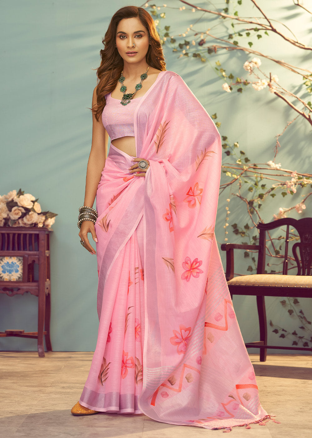 Buy MySilkLove Wewak Pink Soft Linen Silk Floral Printed Saree Online