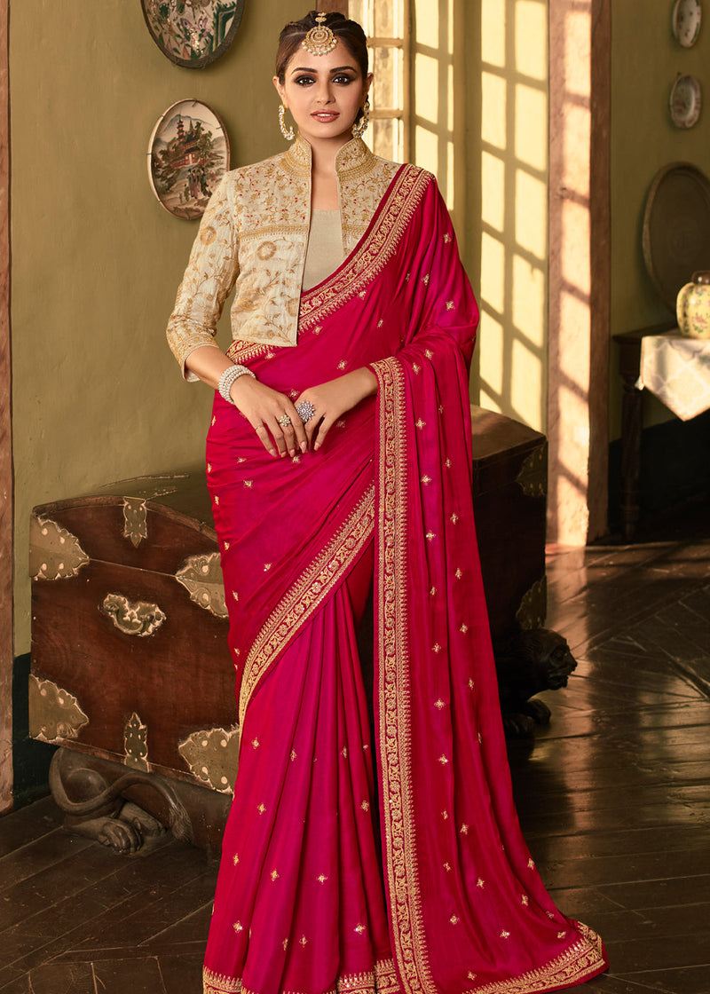 Shiraz Red Designer Embroidered Silk Saree