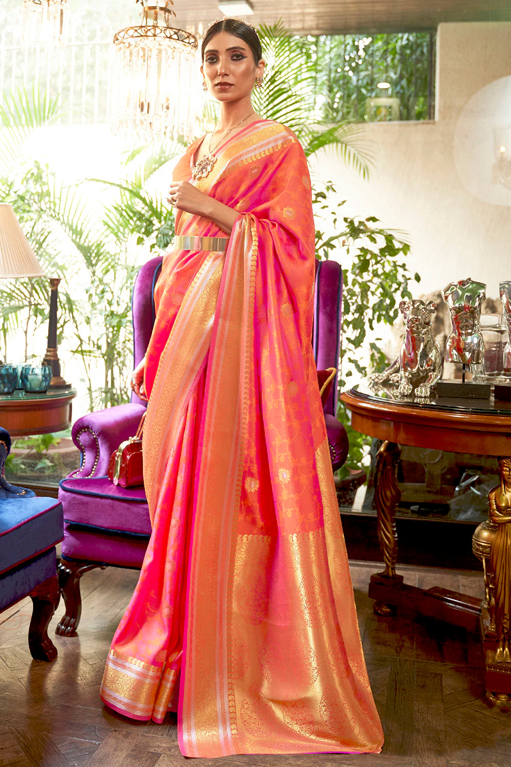Buy MySilkLove Light Orange Woven Kanjivaram Silk Saree Online