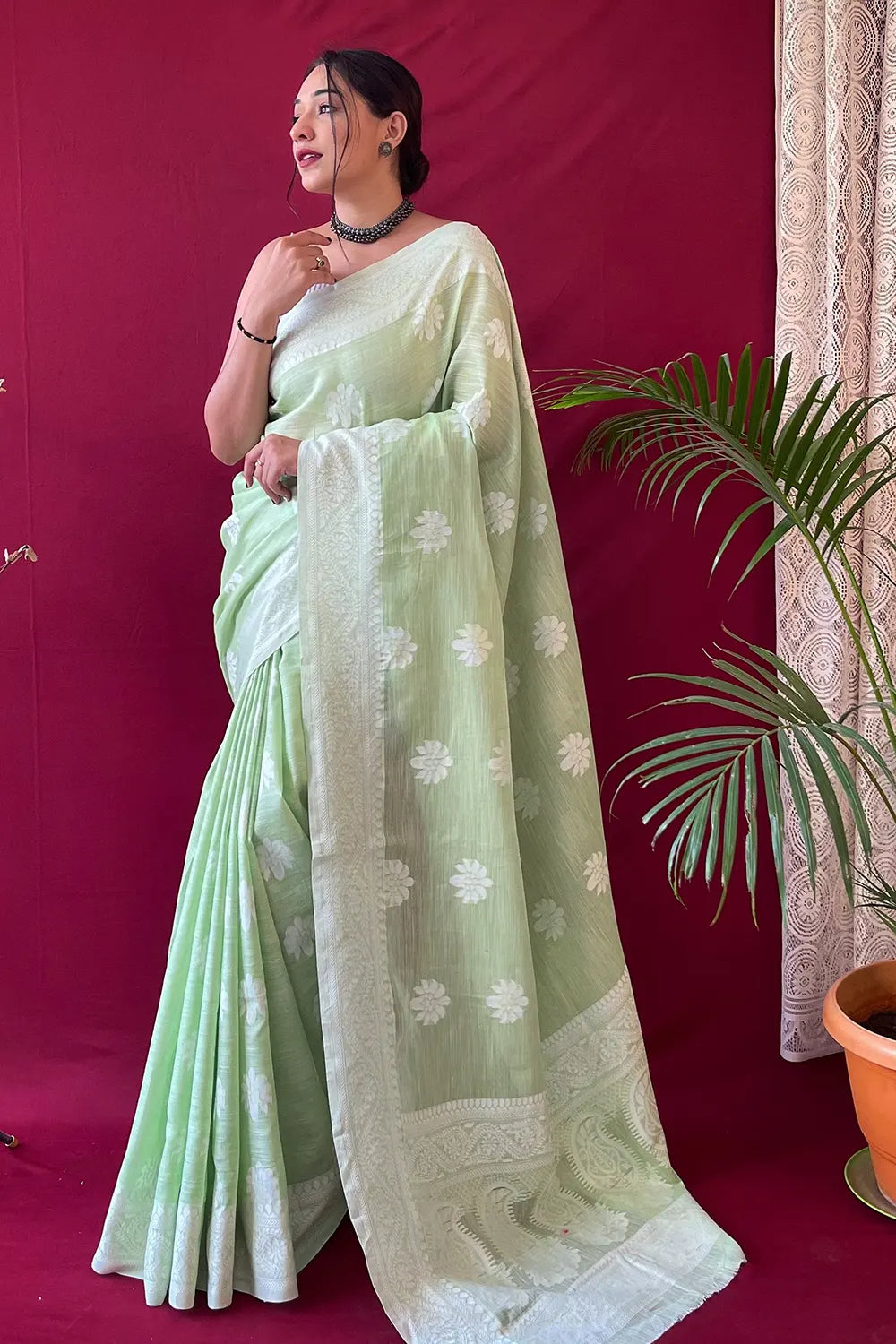 Buy MySilkLove Sage Green Lucknowi Woven Linen Saree Online
