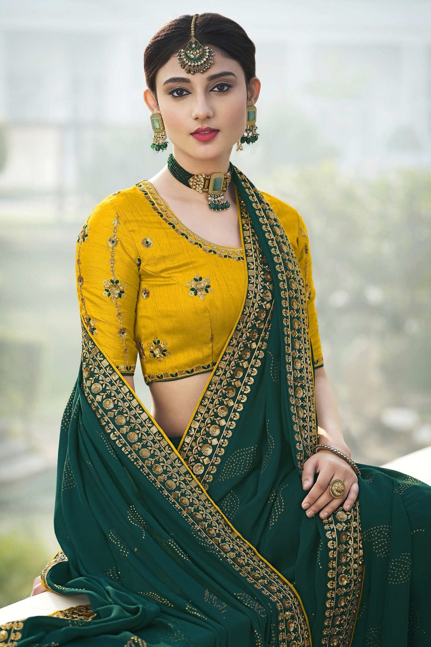 MySilkLove Gable Green and Yellow Chiffon Stone Work Saree