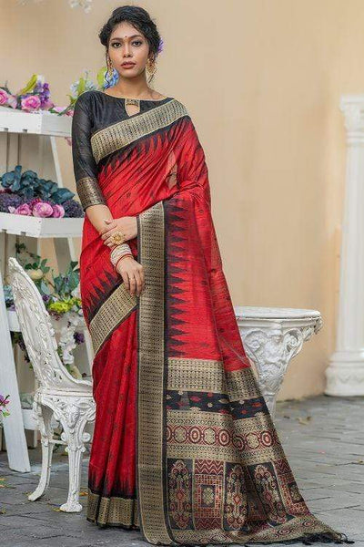 Incredible Black-Red Banarasi Silk Saree with Red Blouse