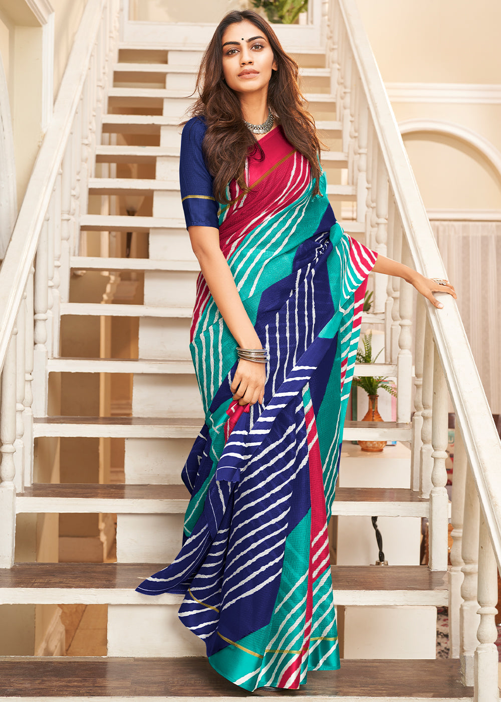 Buy MySilkLove Fiord Blue and Pink Cotton Saree With Lehriya Print Online