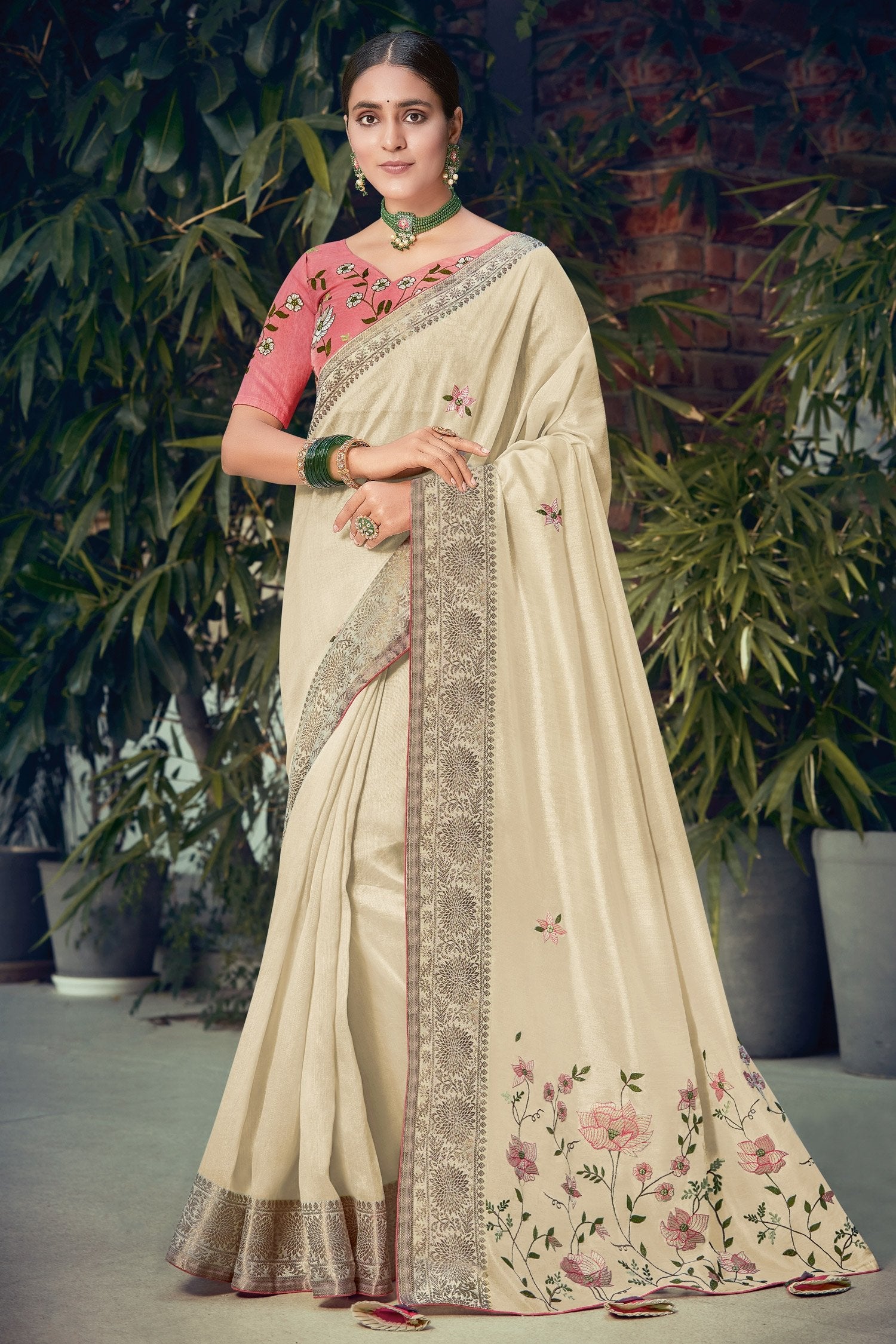 Buy MySilkLove Raffia Cream Embroidered Cotton Saree Online