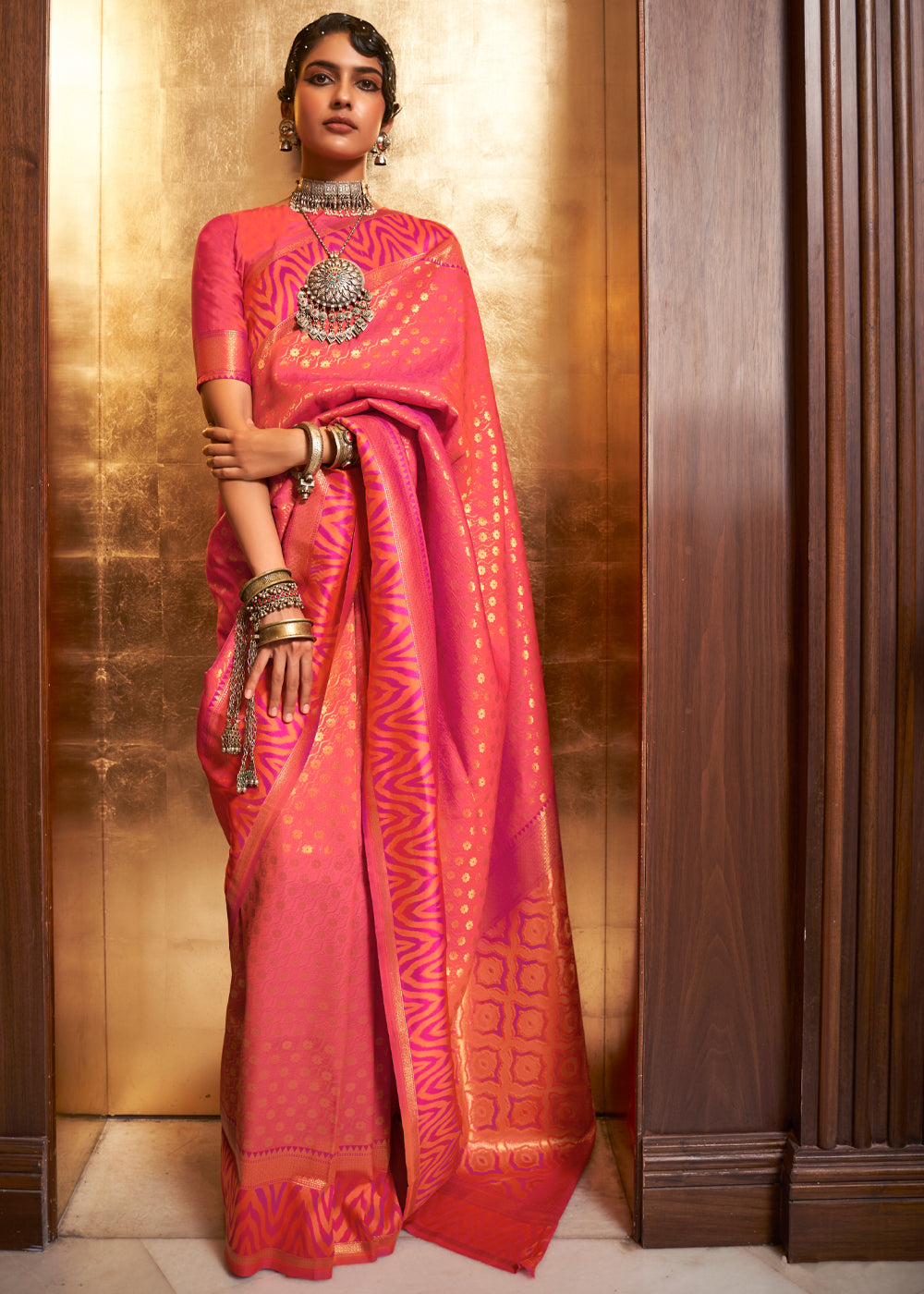 Buy MySilkLove French Rose Pink Woven Banarasi Silk Saree Online