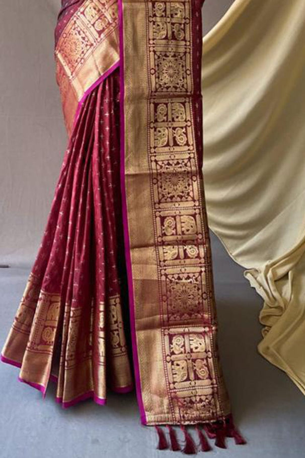 Buy MySilkLove Aubergine Maroon Zari Woven Kanjivaram Silk Saree Online