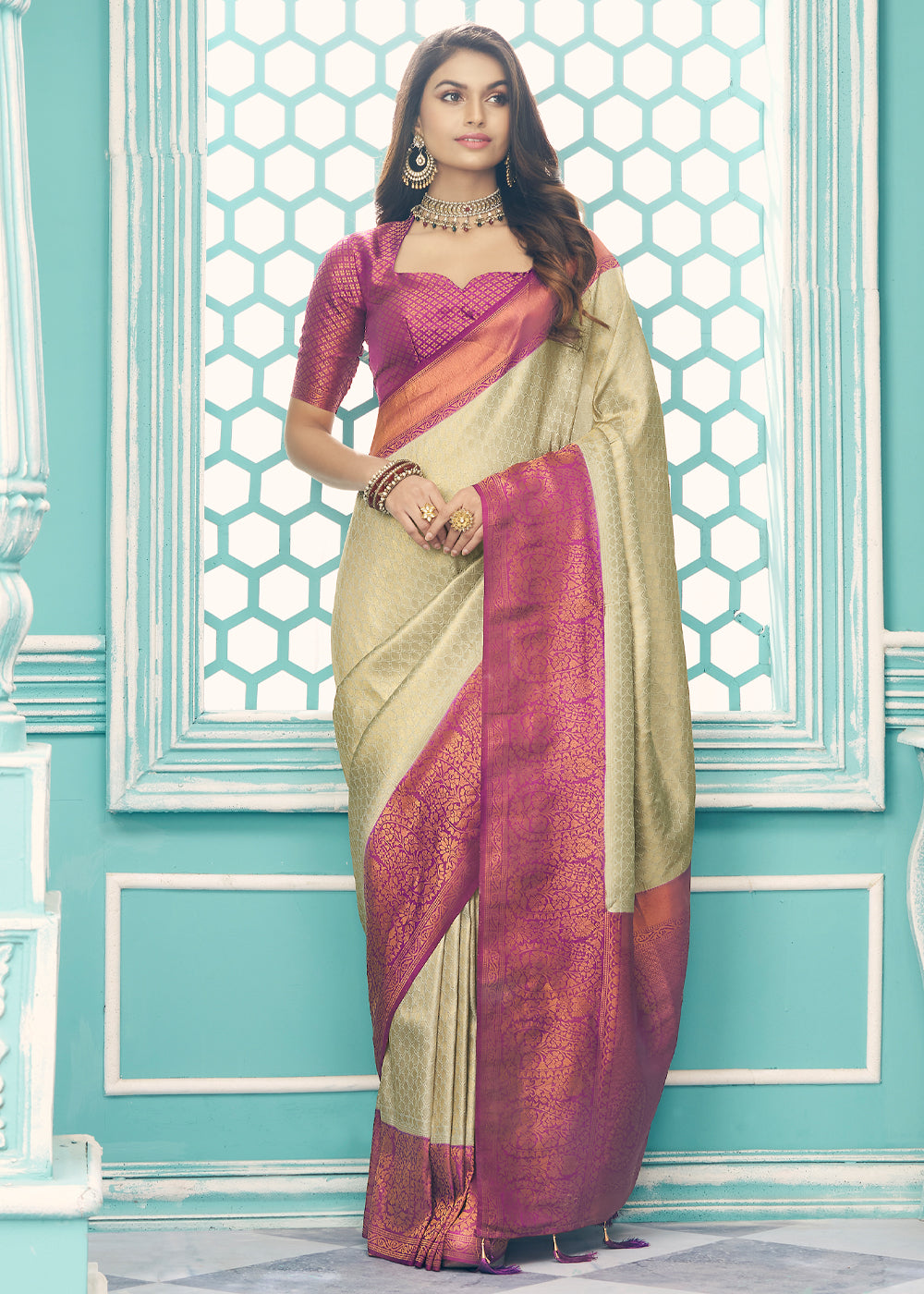 Buy MySilkLove Raffia Golden and Purple kanjivaram saree Online