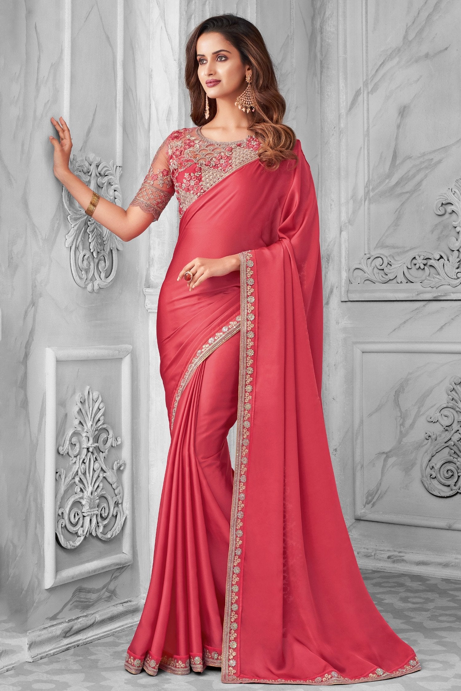 Buy MySilkLove Tamarillo Pink Designer Satin Silk Saree Online