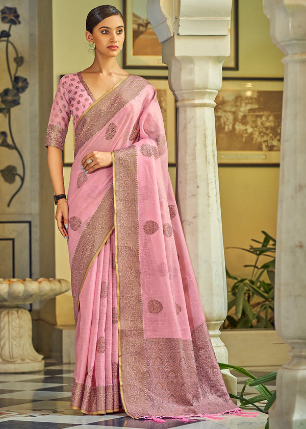 Shimmering Blush Pink Linen Silk Saree