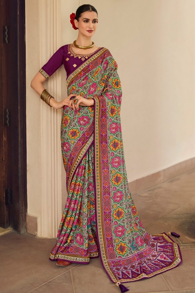 Buy MySilkLove Russett Purple Patola Printed Saree Online