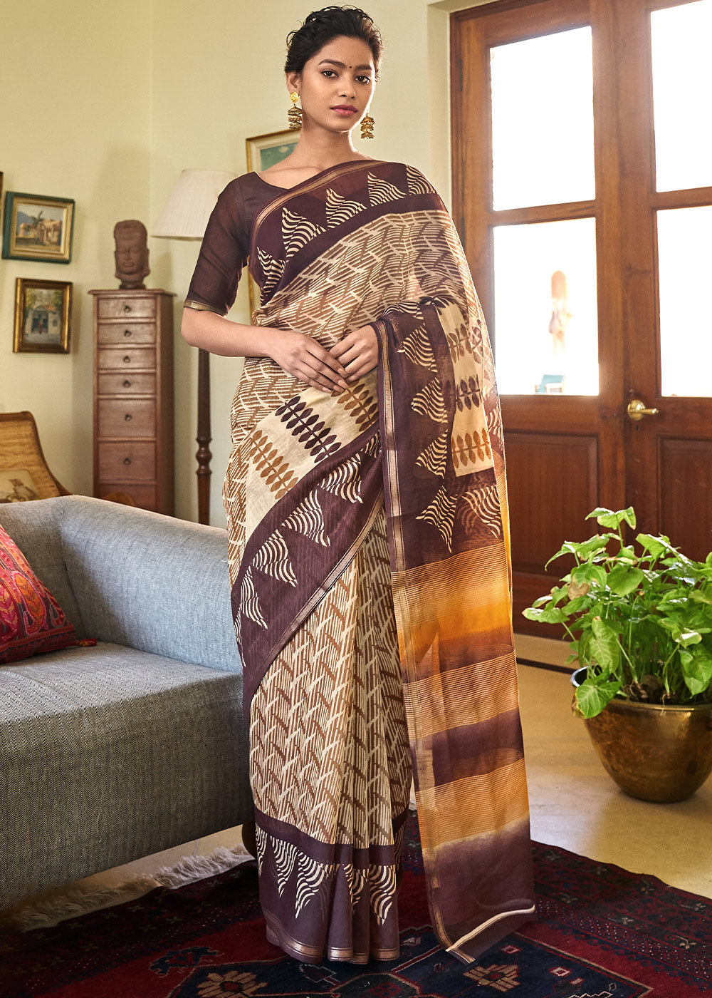 Buy MySilkLove Toast Brown Cotton Linen Batik Printed Saree Online