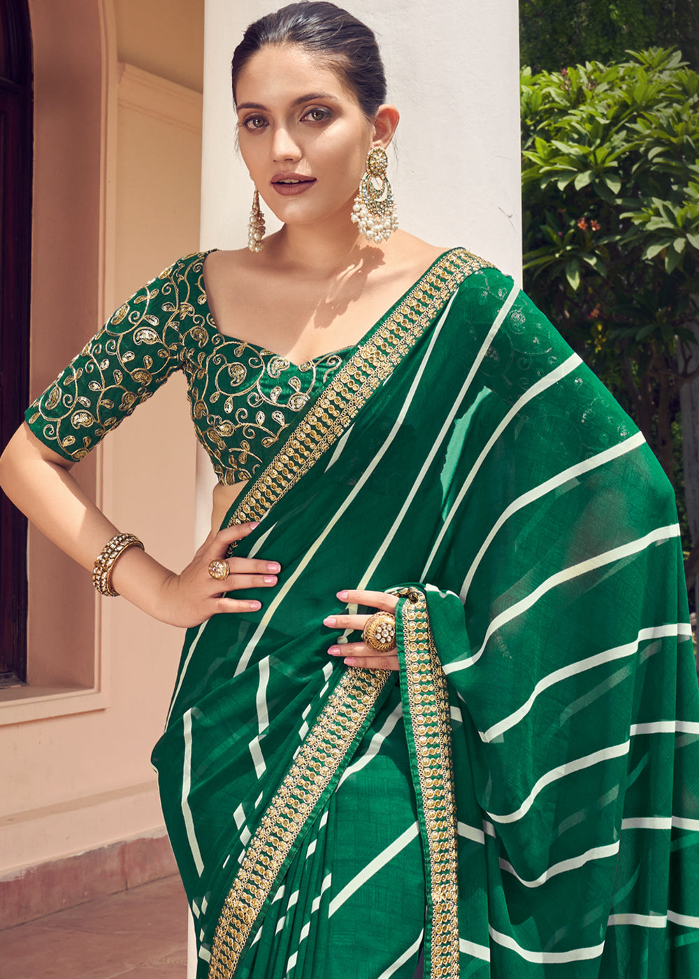 MySilkLove Gable Green Lehriya Print Georgette Saree With Embroidered Blouse