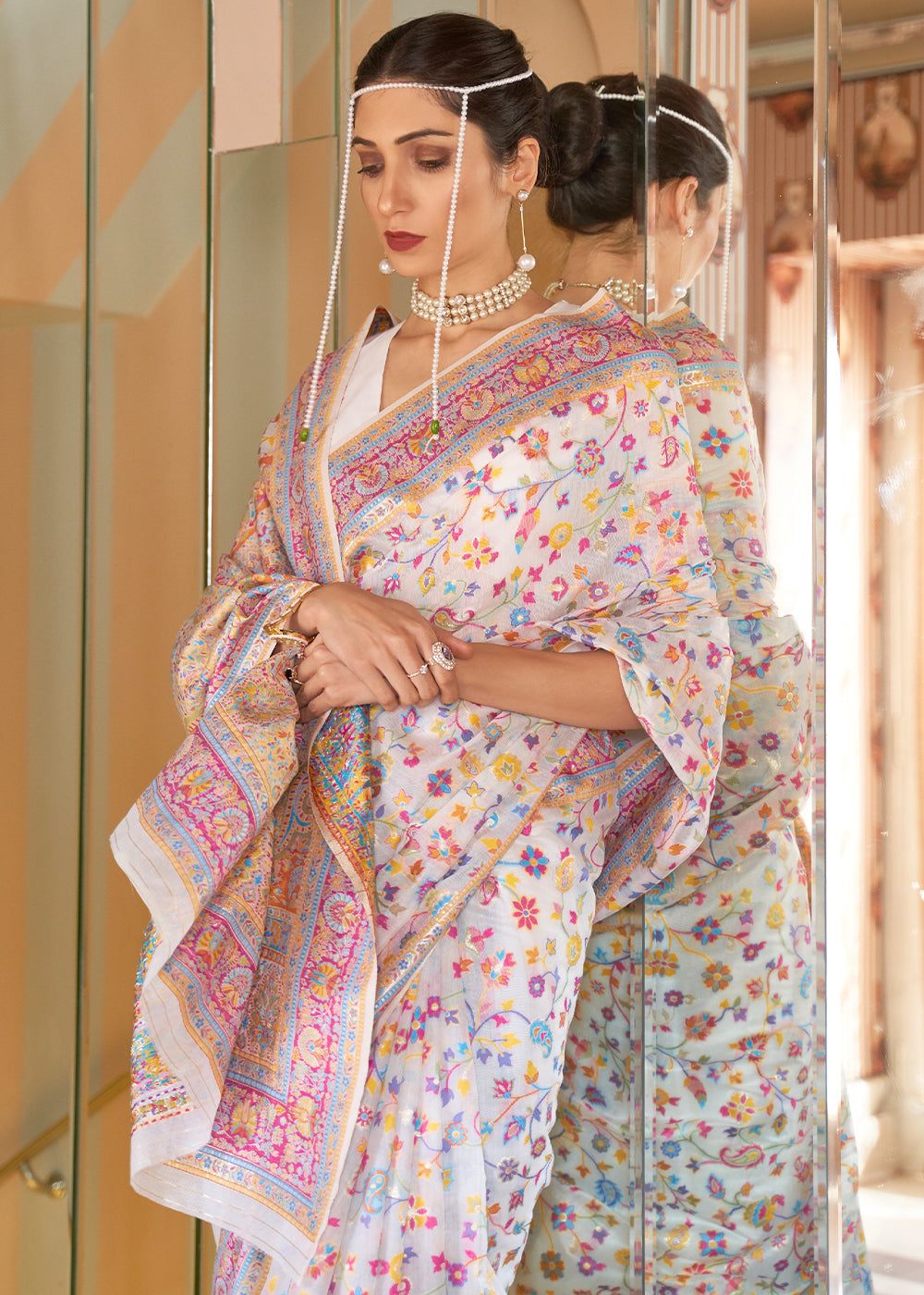 MySilkLove Rose White Blush Pink Banarasi Jamawar Woven Silk Saree