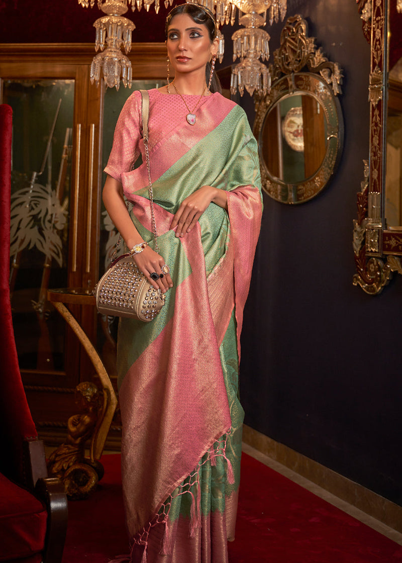Viridian Green Zari Woven Banarasi Tanchoi Silk Saree