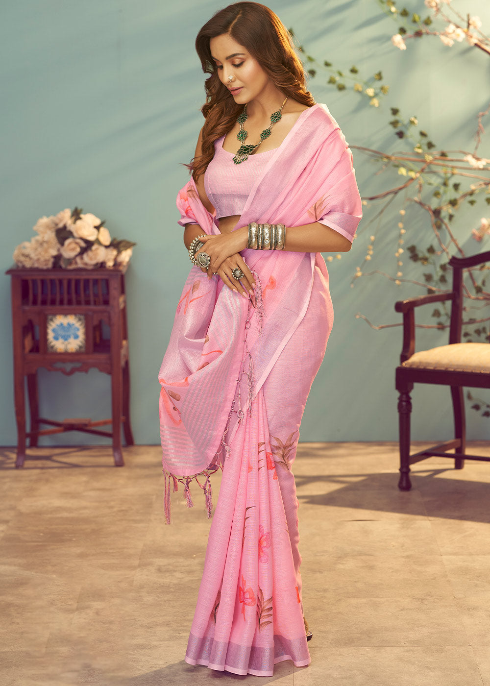 MySilkLove Wewak Pink Soft Linen Silk Floral Printed Saree