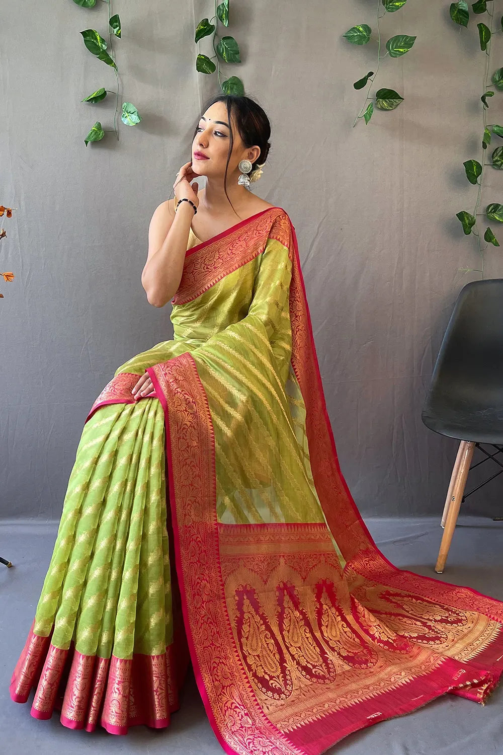 MySilkLove Tacha Green Zari Woven Organza Saree