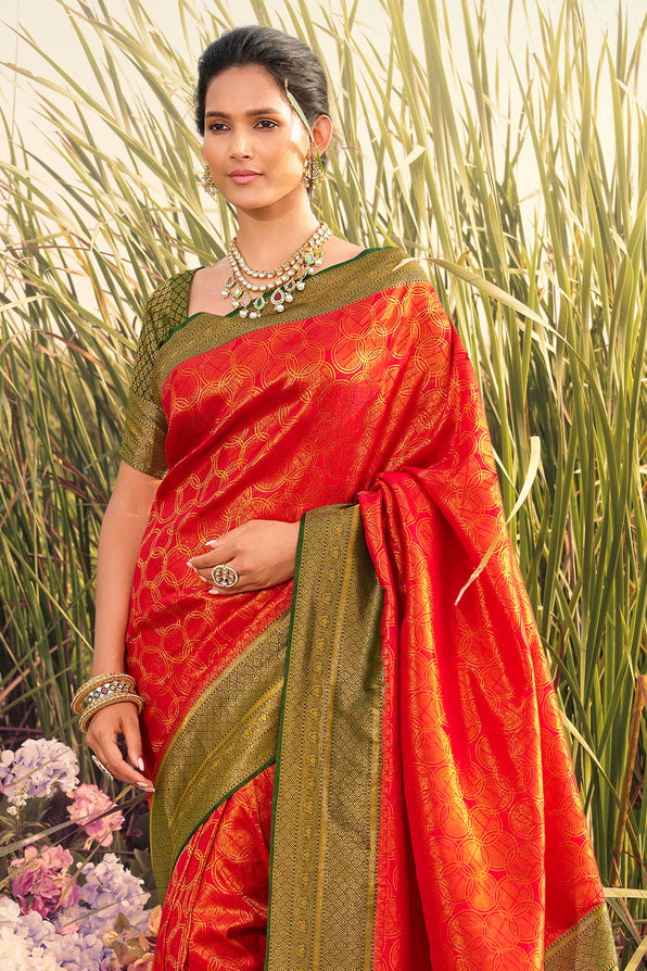 Buy MySilkLove Tuscany Red and Green Woven Kanjivaram saree Online