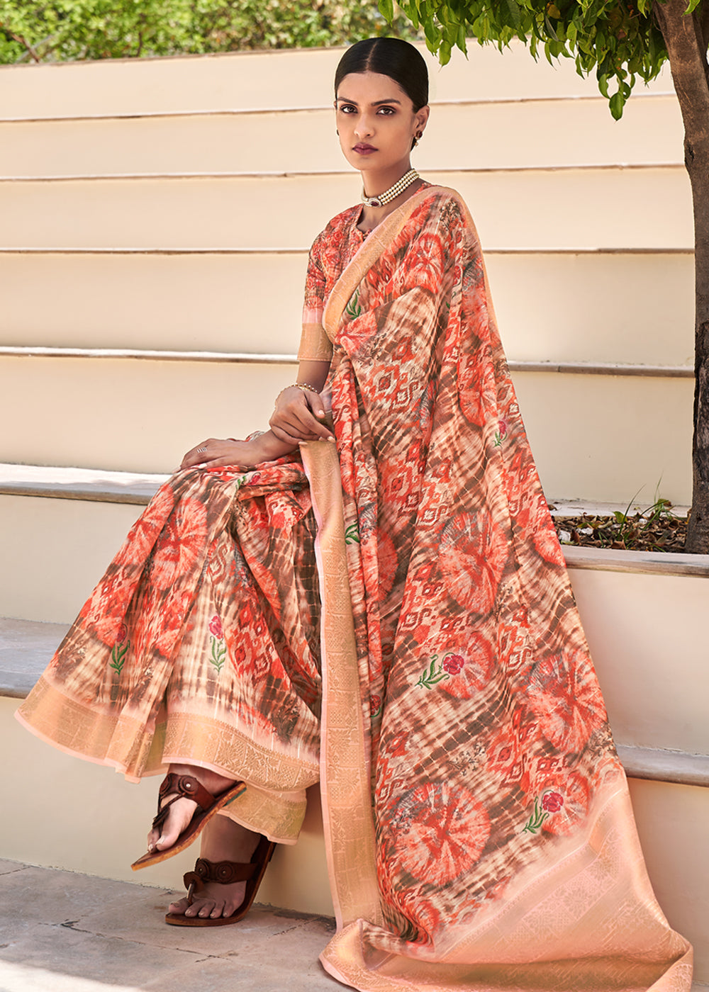 Buy MySilkLove Tacao Peach Digital Print Linen Saree Online