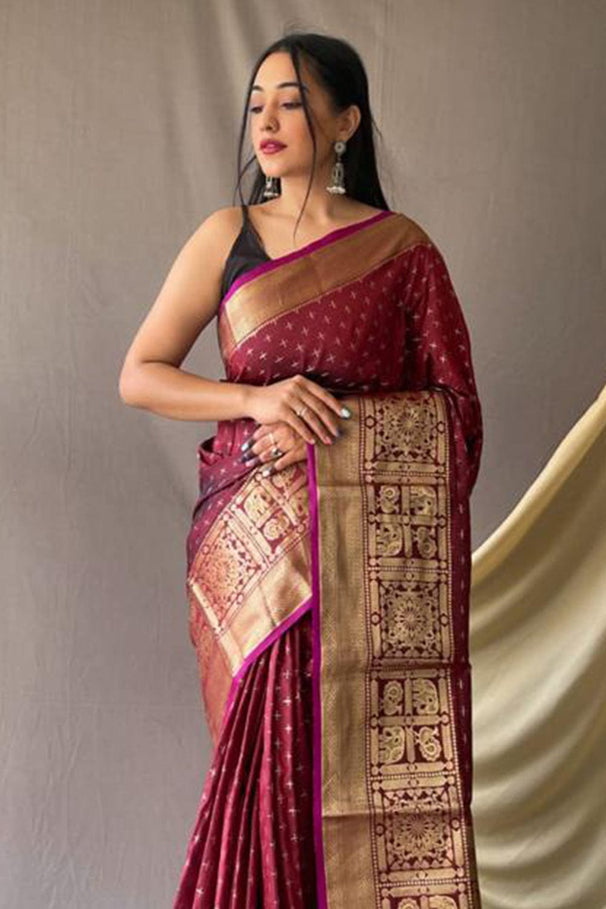 Buy MySilkLove Aubergine Maroon Zari Woven Kanjivaram Silk Saree Online