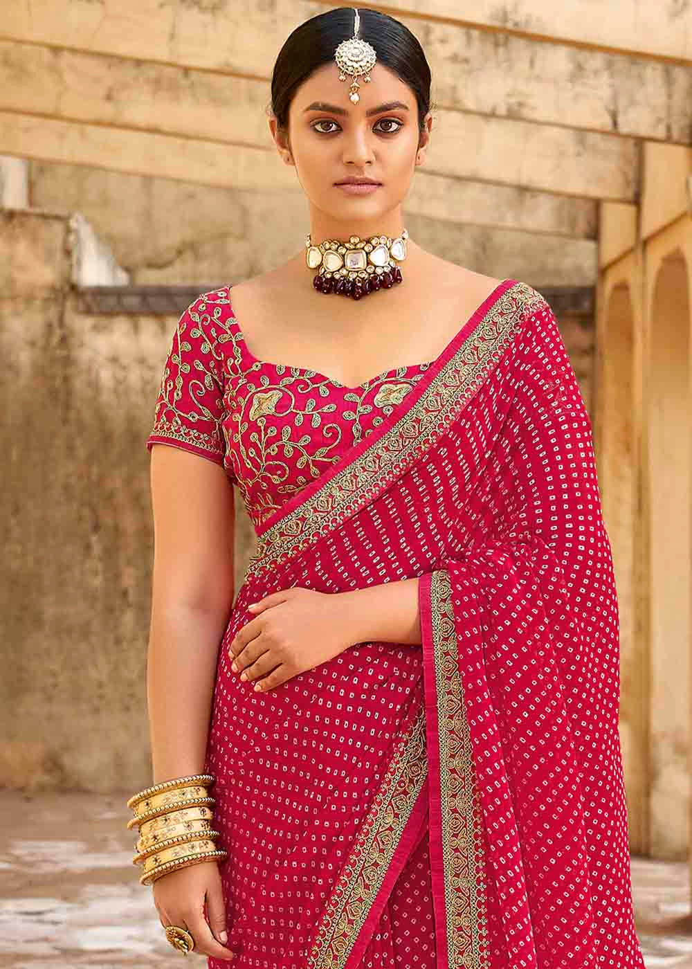 MySilkLove Shiraz Red Georgette Leheriya Printed Saree with Embroidered Blouse