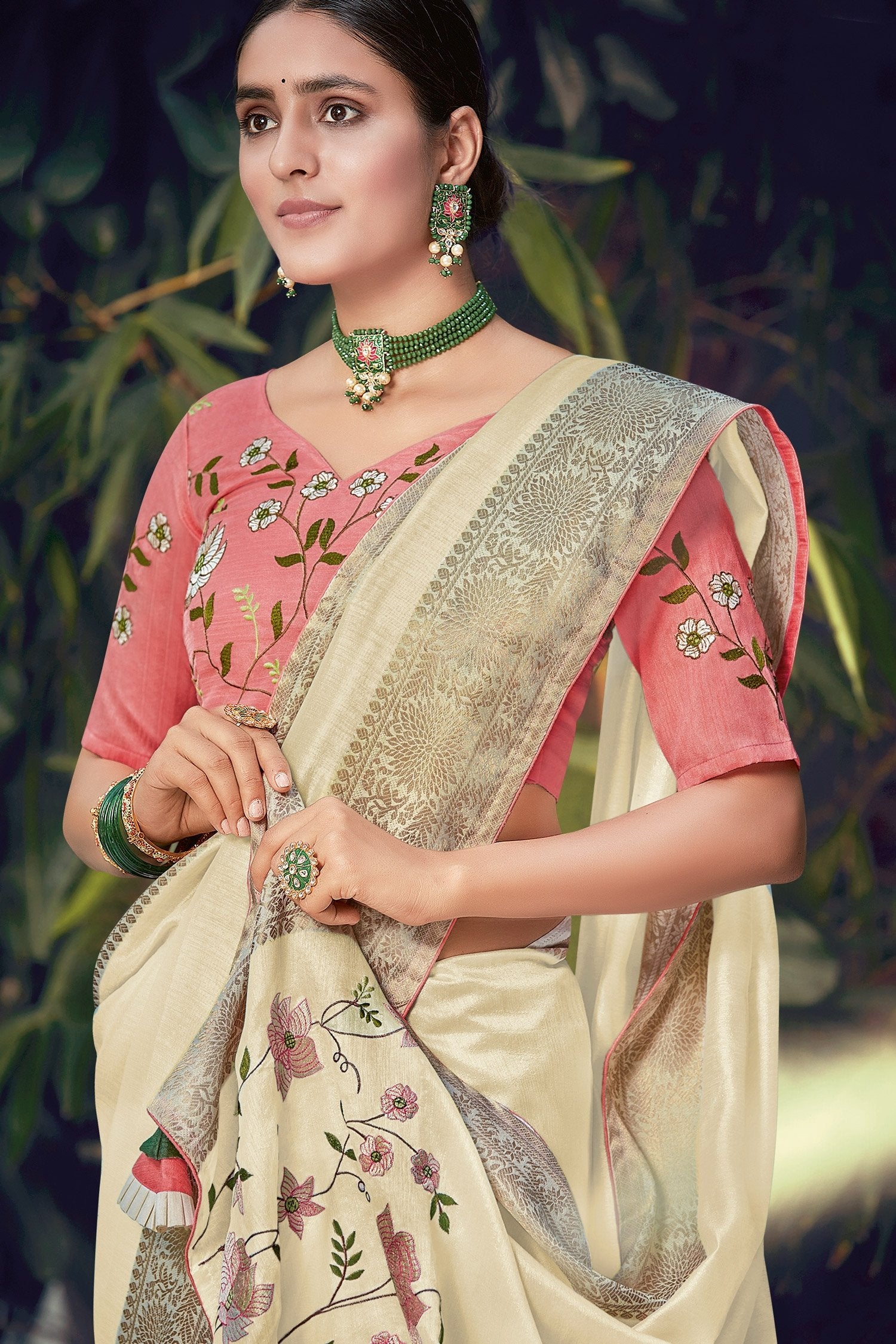 Buy MySilkLove Raffia Cream Embroidered Cotton Saree Online