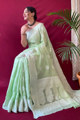 Sage Green Lucknowi Woven Linen Saree